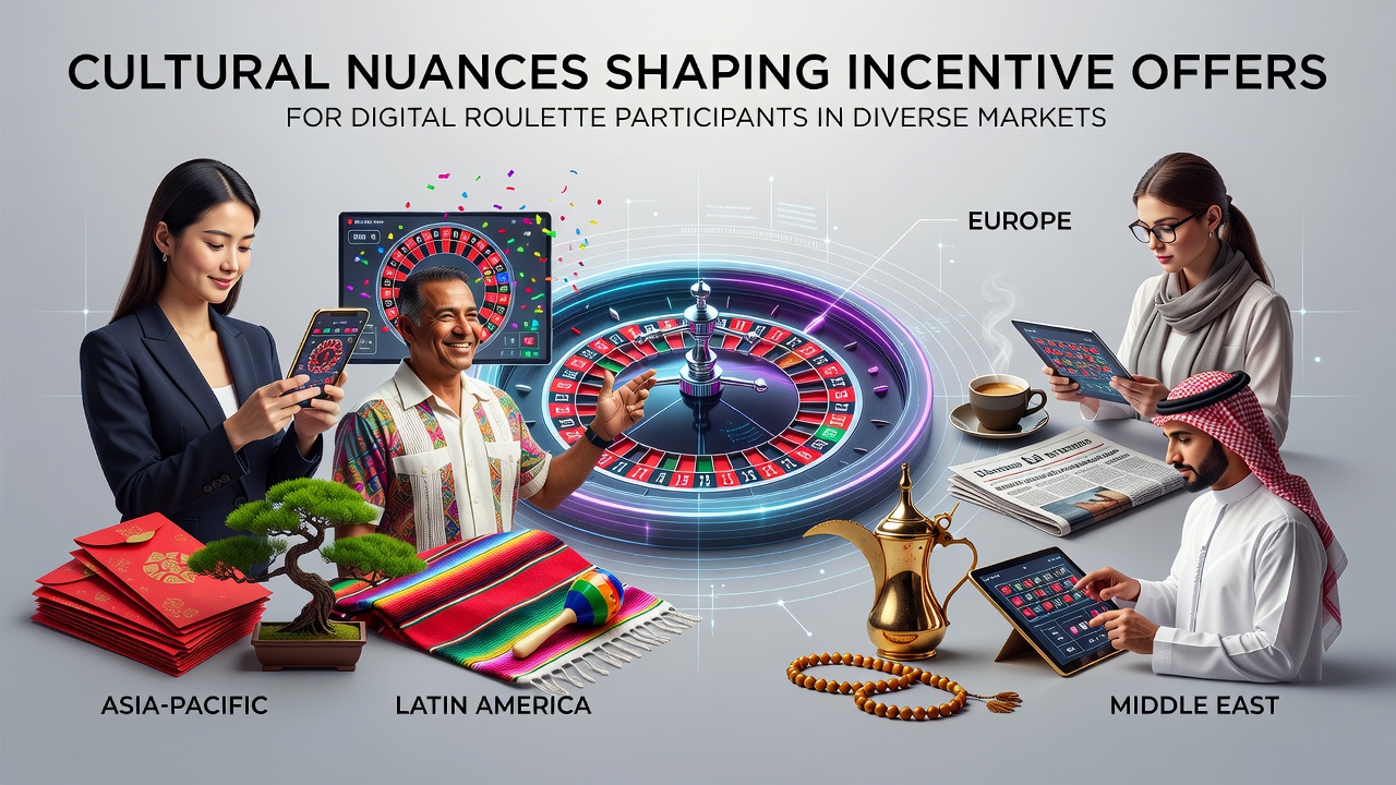 Digital roulette interface displaying region-specific promotional elements across global markets