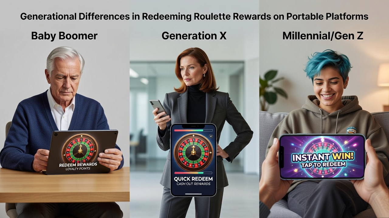 Portable device interfaces displaying roulette reward redemption options across different age groups