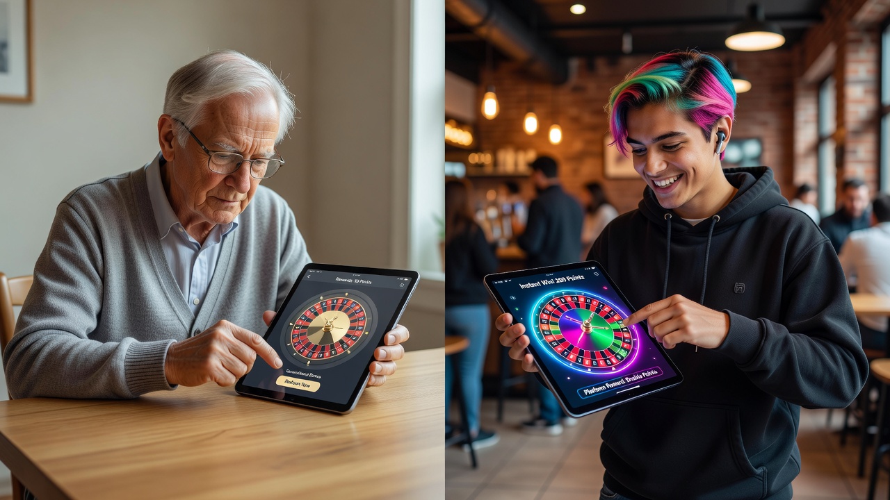 Comparison of mobile app screens used for roulette loyalty point redemption by various generations