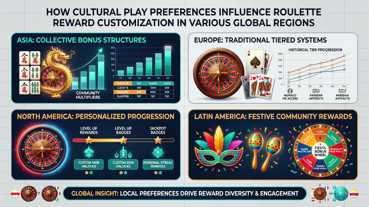 Global map highlighting roulette player demographics and regional reward types