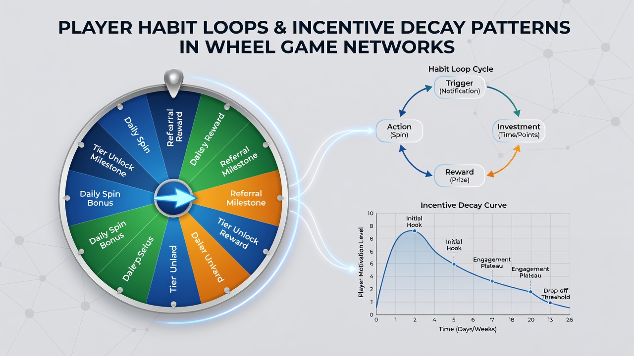 Diagram illustrating player habit loops in wheel game networks with reward cycles and trigger points