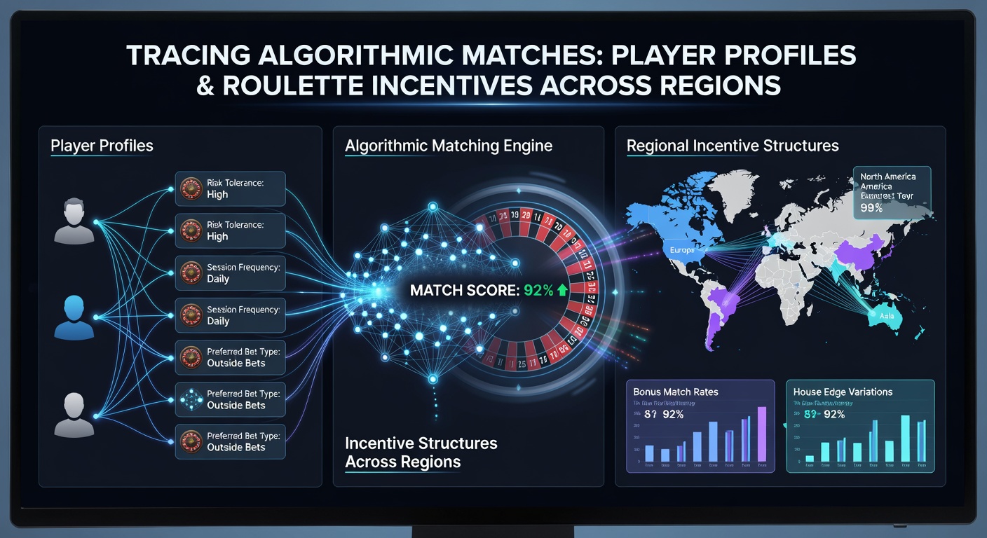 Algorithmic data flow diagram showing player profile matching with roulette incentives across global regions