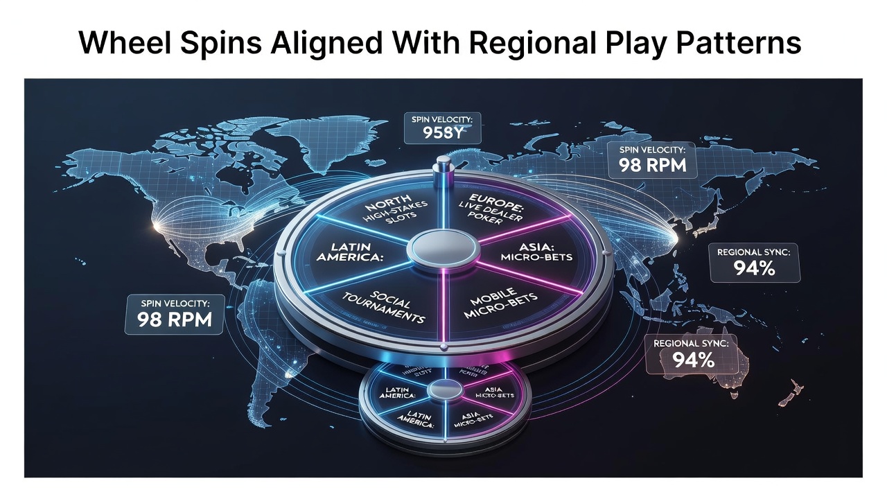 Digital wheel spin interface displaying regional reward alignments across multiple casino platforms